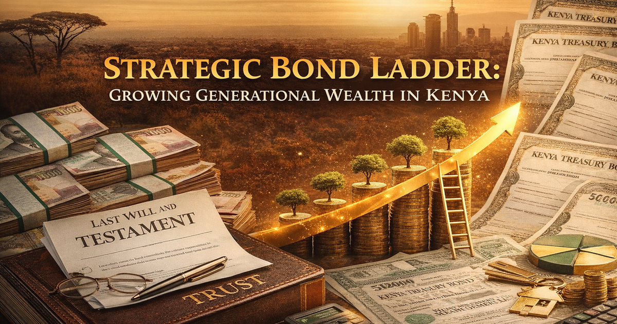 Illustration of a Kenyan bond ladder inside a family trust, with stacked treasury bonds, rising coins, and the Nairobi skyline.