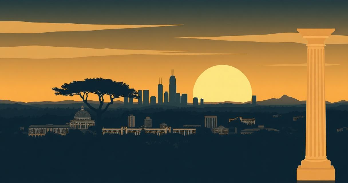Editorial illustration of the Nairobi skyline at dawn with an acacia tree and architectural column representing jurisdiction.