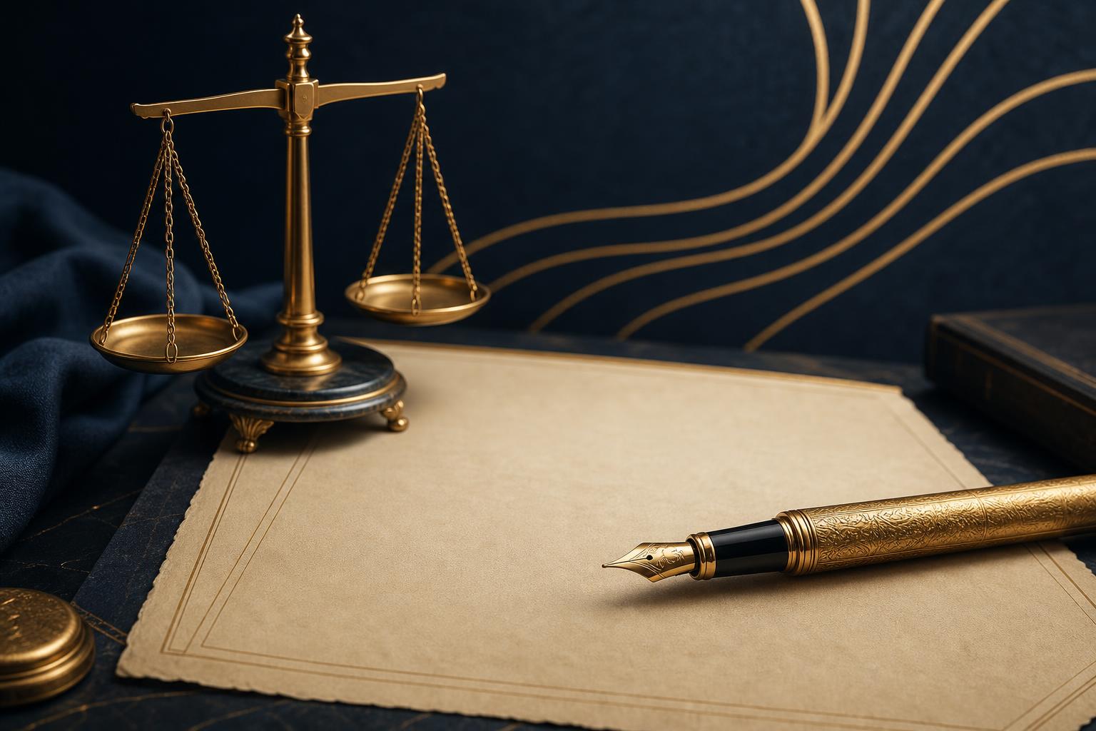 Editorial illustration of a fountain pen and brass scales of justice resting on a parchment trust document.