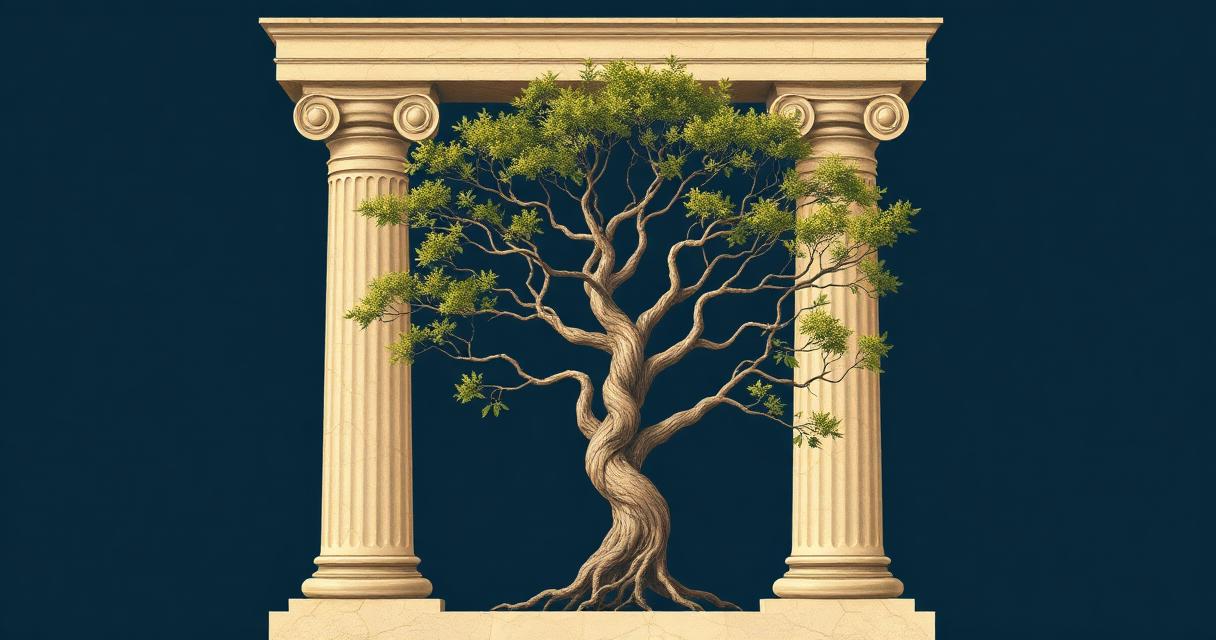Editorial illustration of a classical marble column framing a growing tree, symbolizing perpetual philanthropic capital.